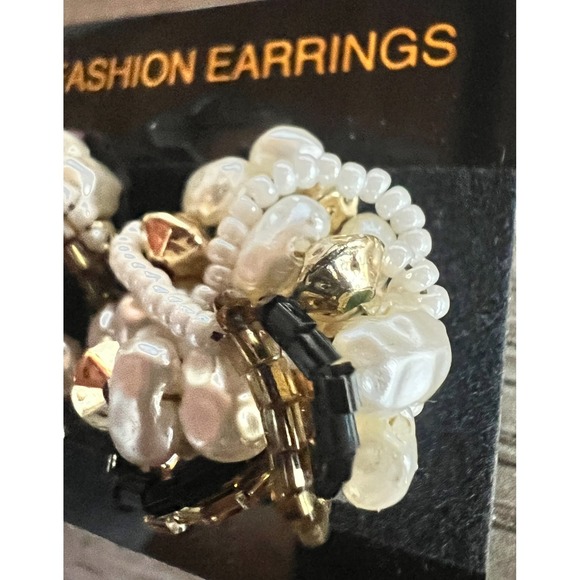 Vintage 1980s Beaded Cluster Clip On Earrings NOS Gold Faux‎ Pearl Black Retro - Picture 4 of 6